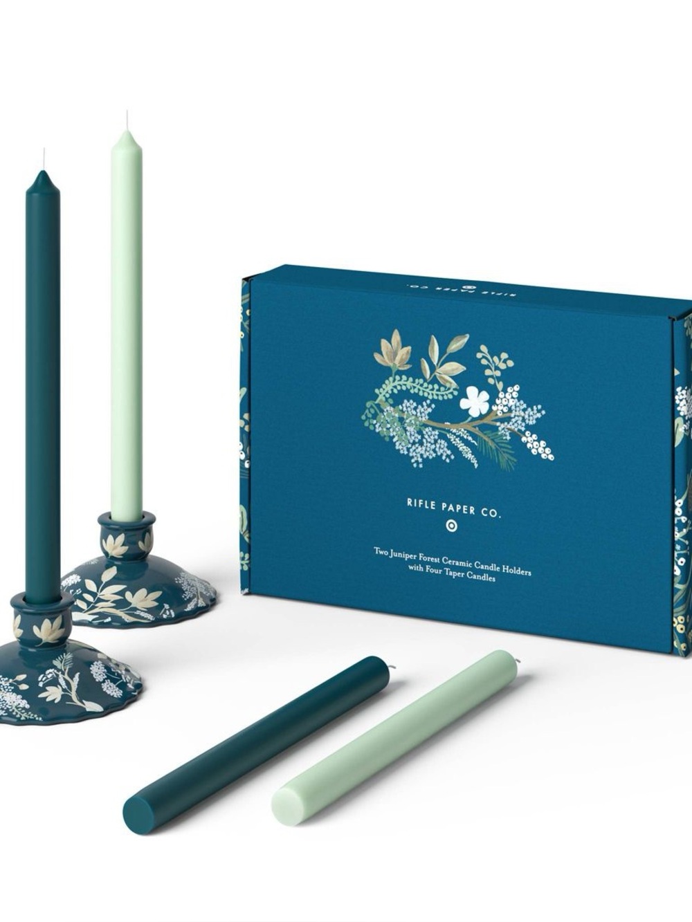 Rifle Paper Co. 4 Juniper Forest Taper Candles with Set of 2 Candlestick Holders